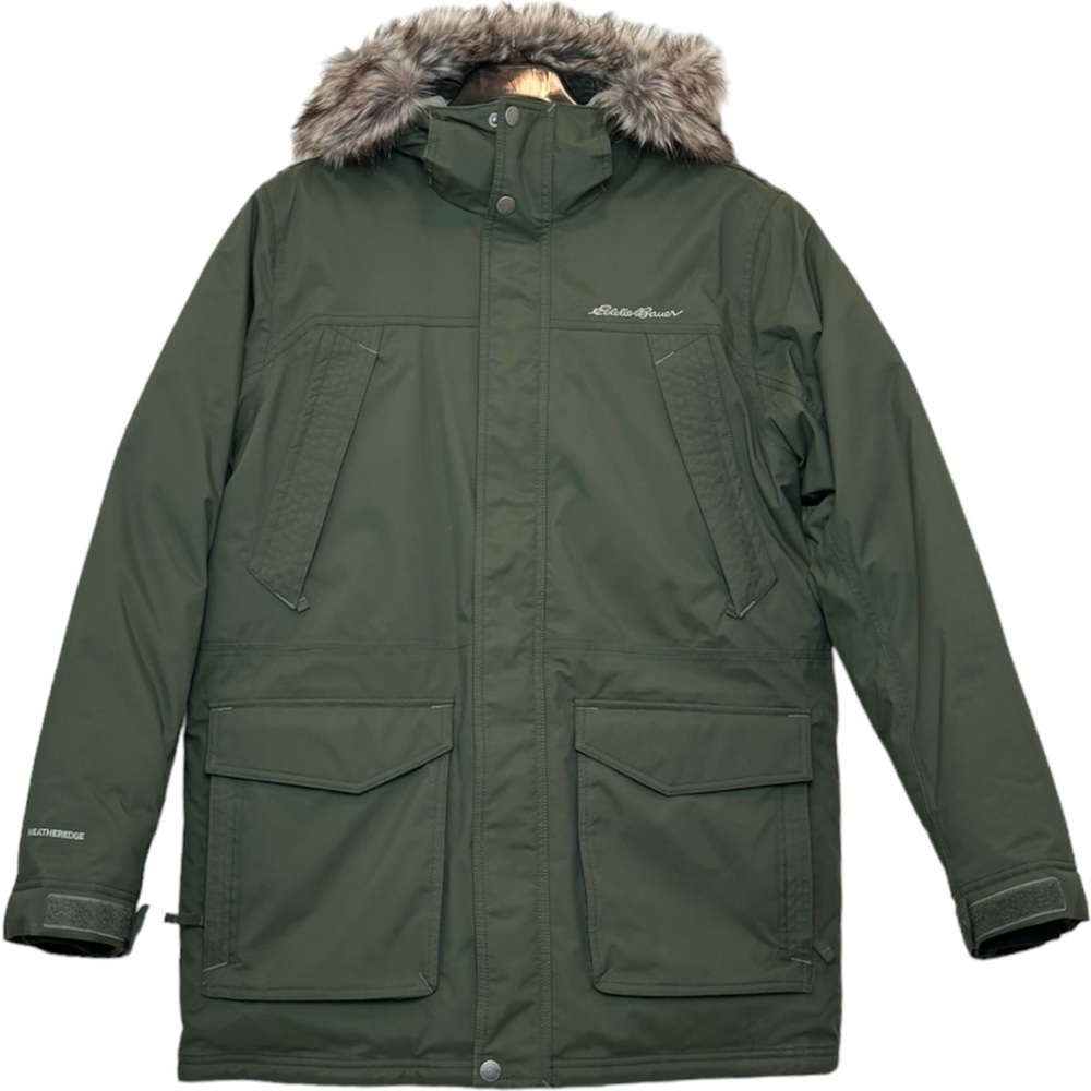 Eddie Bauer Men’s Superior Down Parka Jacket  Large Army Green  w Faux Fur Trim - Picture 3 of 17